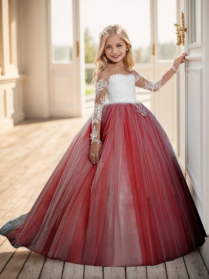 Cute Flower Girl Princess Dress – Long Sleeve Christmas Ball Gown (Front Length Measurement) Elegant Party Dress • Solid Color • Fall/Winter • For Girls 12 & Under