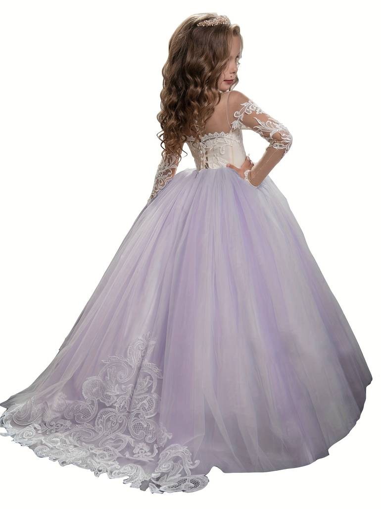 Cute Flower Girl Princess Dress – Long Sleeve Christmas Ball Gown (Front Length Measurement) Elegant Party Dress • Solid Color • Fall/Winter • For Girls 12 & Under