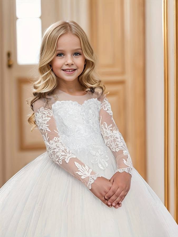 Cute Flower Girl Princess Dress – Long Sleeve Christmas Ball Gown (Front Length Measurement) Elegant Party Dress • Solid Color • Fall/Winter • For Girls 12 & Under