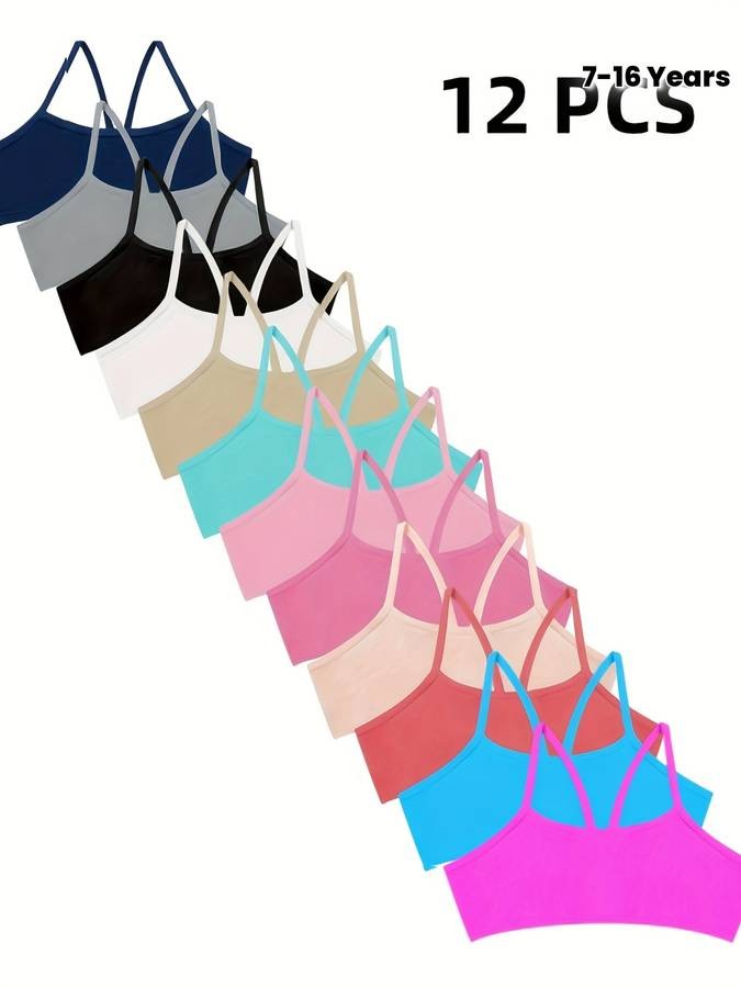 ZIMI COLLECTION 12-Pack Girls’ Seamless Camisole Bras – Cute Cross-Strap Off-Shoulder Tank Tops (Ages 6–17) Soft Knit Fabric • Medium Stretch • All-Season Comfort • Solid Colors • 90% Polyamide / 10% Elastane