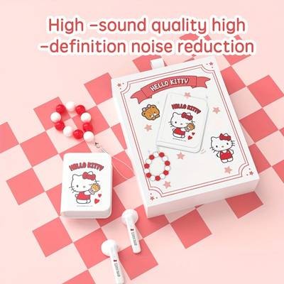 Sanrio Hello Kitty Wireless Earbuds – Cute Kawaii Red & White Book-Style Earphones with Beaded Lanyard Wireless • Touch Control • Type-C Charging • Perfect for Girls, Gaming, Sports & Travel • Birthday/Christmas Gift