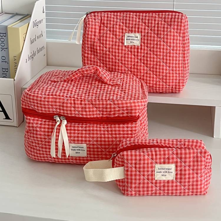 Honey Girl 3pcs Blueberry Check Cosmetic Bag Set – Foldable Polyester Travel Makeup Pouches High-Aesthetic • Portable Toiletry Organizer • Perfect for Women