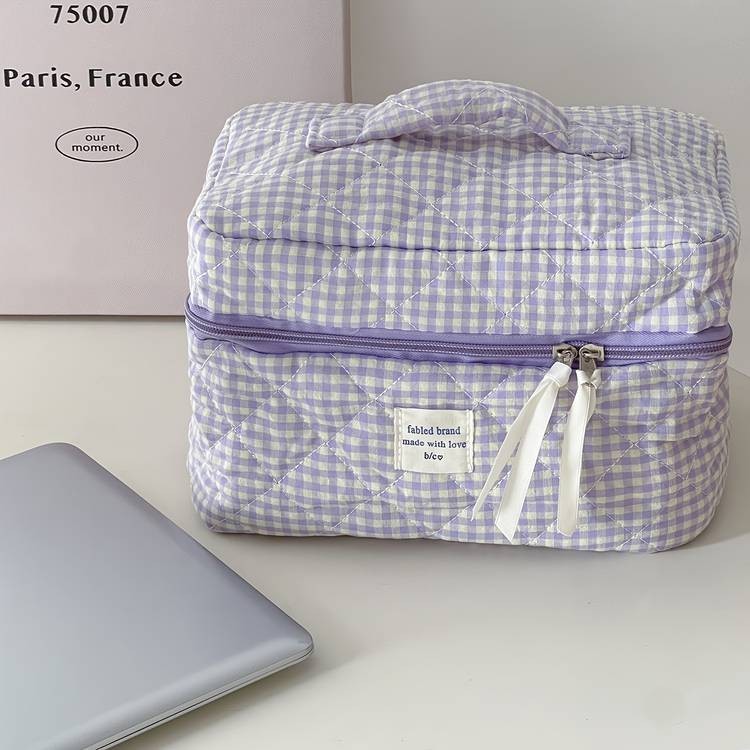 Honey Girl 3pcs Blueberry Check Cosmetic Bag Set – Foldable Polyester Travel Makeup Pouches High-Aesthetic • Portable Toiletry Organizer • Perfect for Women