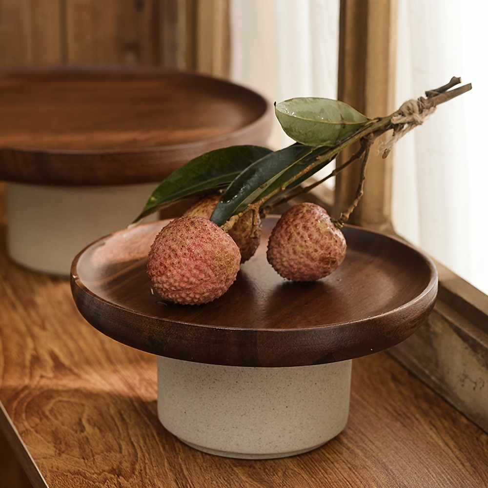 CEEFU Dual-Layer Acacia Wood & Ceramic Snack Tray – Stylish Food-Safe Stand for Cakes, Fruits & Party Serving
