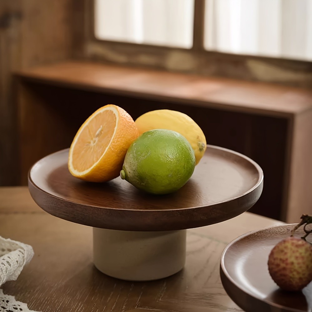 CEEFU Dual-Layer Acacia Wood & Ceramic Snack Tray – Stylish Food-Safe Stand for Cakes, Fruits & Party Serving