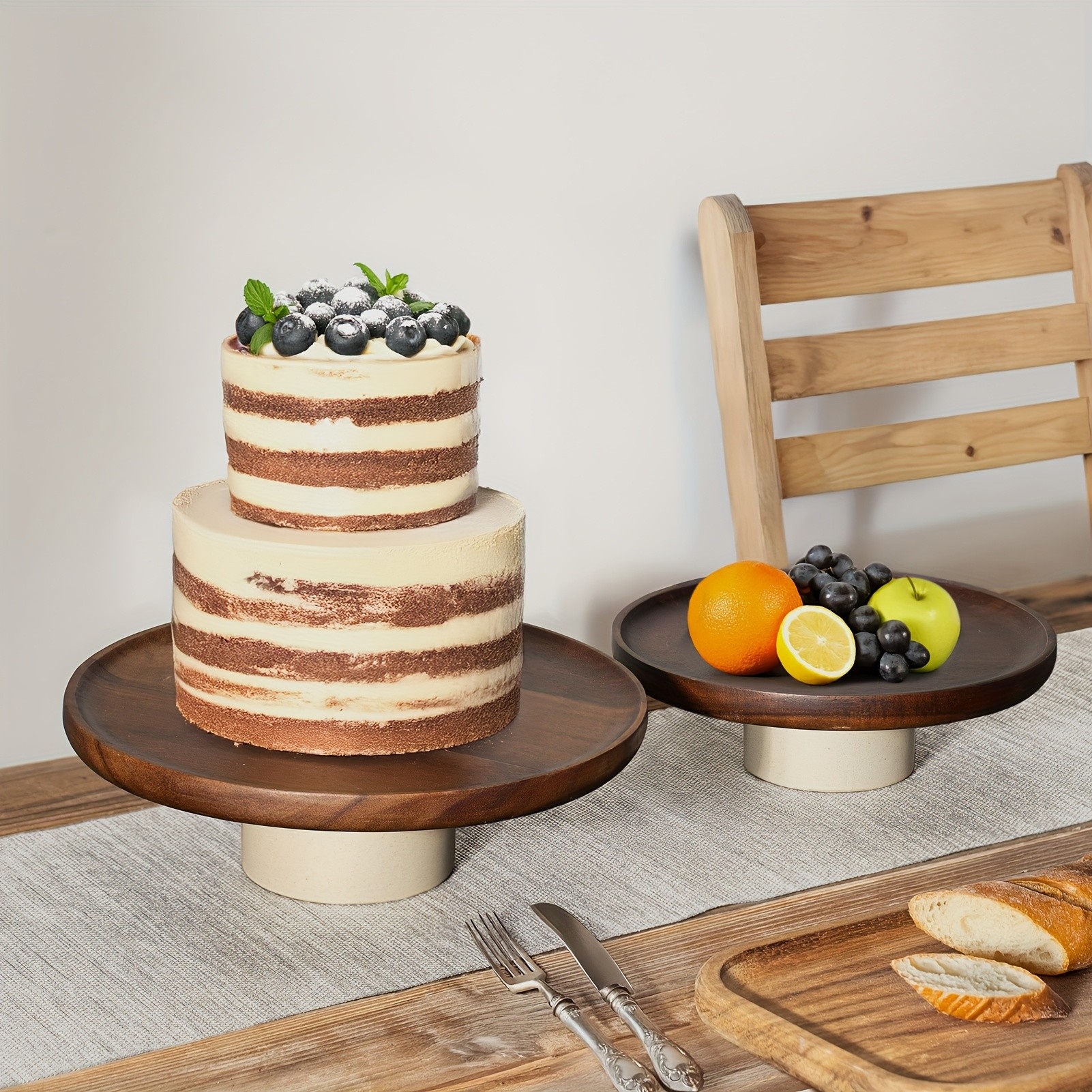CEEFU Acacia Wood Cake Stand with Pottery Base – Elegant Food-Safe Display for Weddings, Parties & NZ Home Celebrations