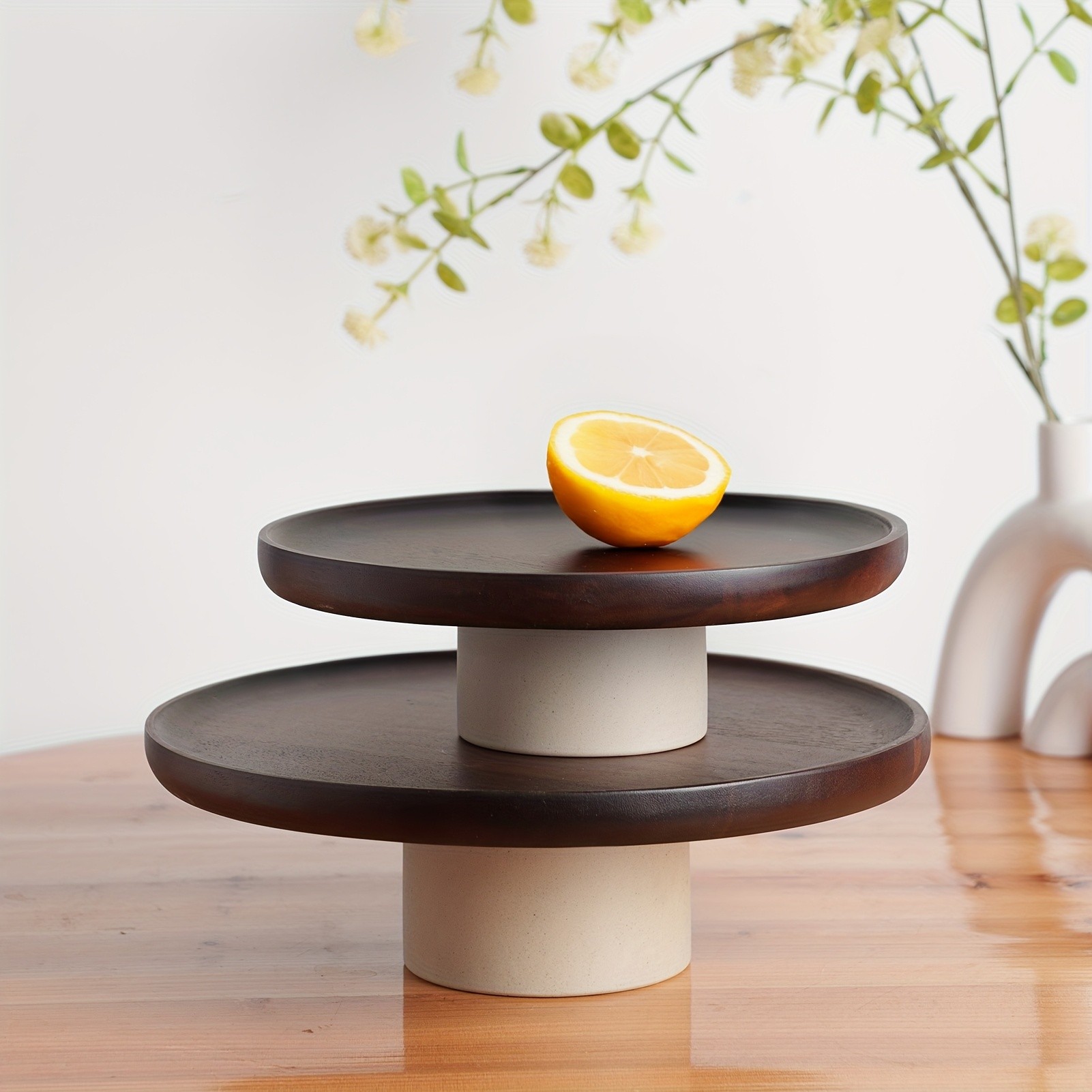 CEEFU Acacia Wood Cake Stand with Pottery Base – Elegant Food-Safe Display for Weddings, Parties & NZ Home Celebrations