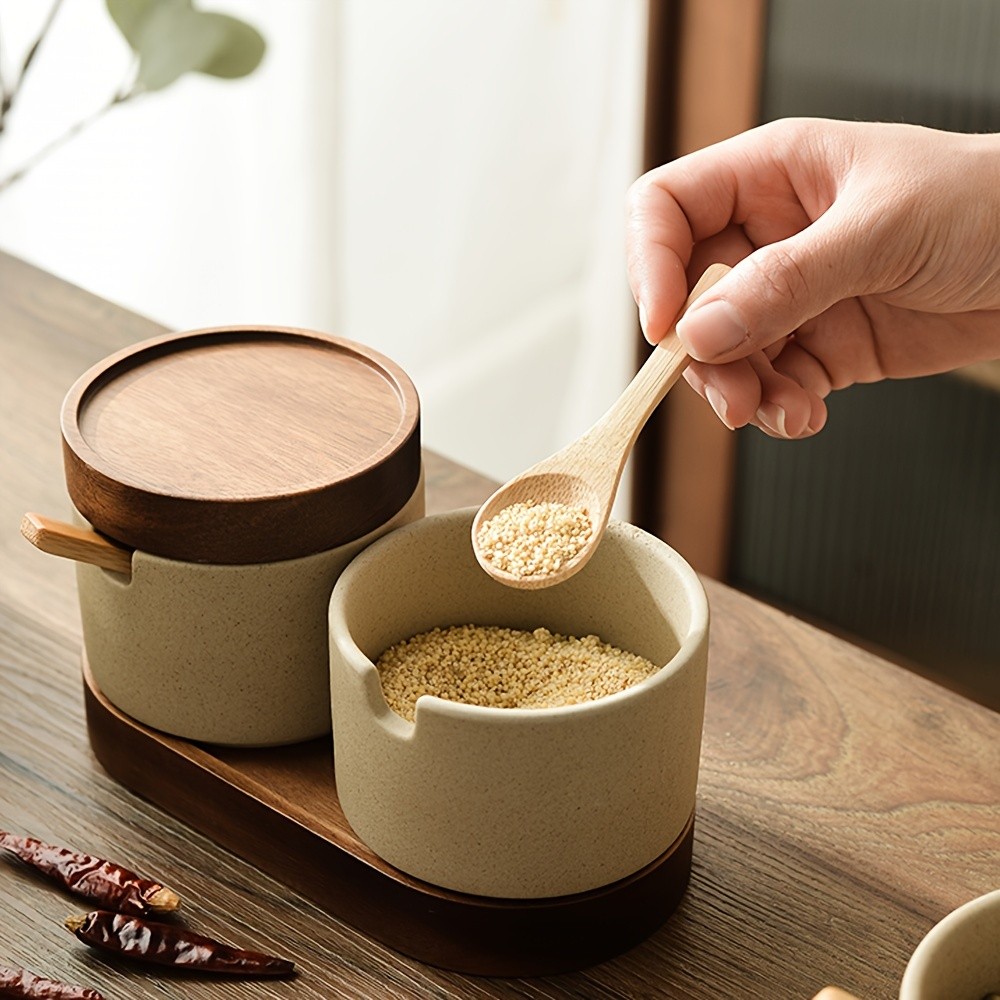 CEEFU Ceramic Spice Jar with Acacia Wood Tray – Elegant Porcelain Storage Pot with Lid & Spoon for Salt, Sugar, Coffee & Herbs