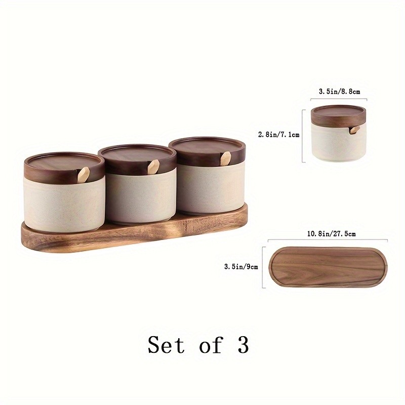 CEEFU Ceramic Spice Jar with Acacia Wood Tray – Elegant Porcelain Storage Pot with Lid & Spoon for Salt, Sugar, Coffee & Herbs