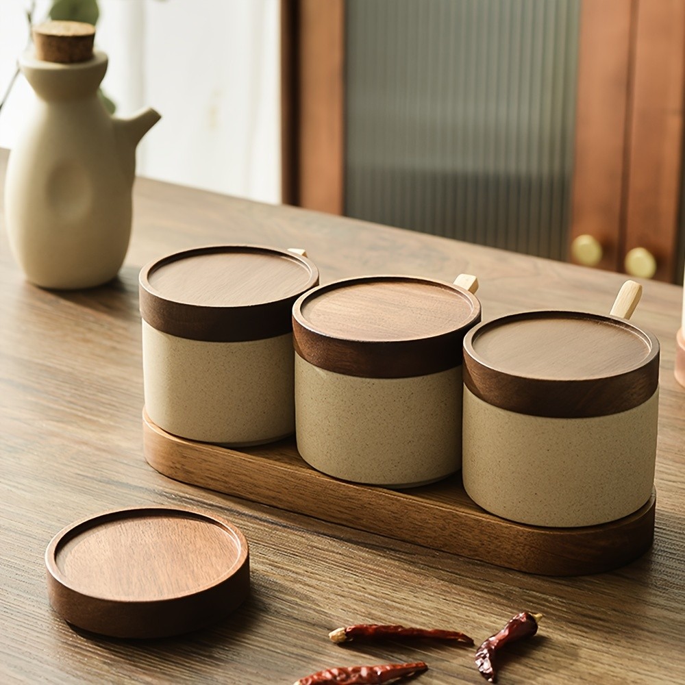 CEEFU Ceramic Spice Jar with Acacia Wood Tray – Elegant Porcelain Storage Pot with Lid & Spoon for Salt, Sugar, Coffee & Herbs