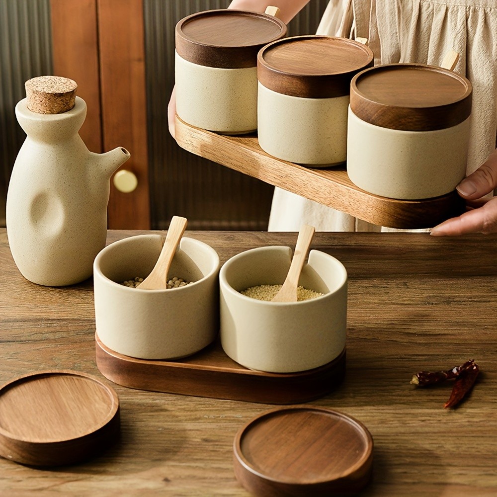 CEEFU Ceramic Spice Jar with Acacia Wood Tray – Elegant Porcelain Storage Pot with Lid & Spoon for Salt, Sugar, Coffee & Herbs