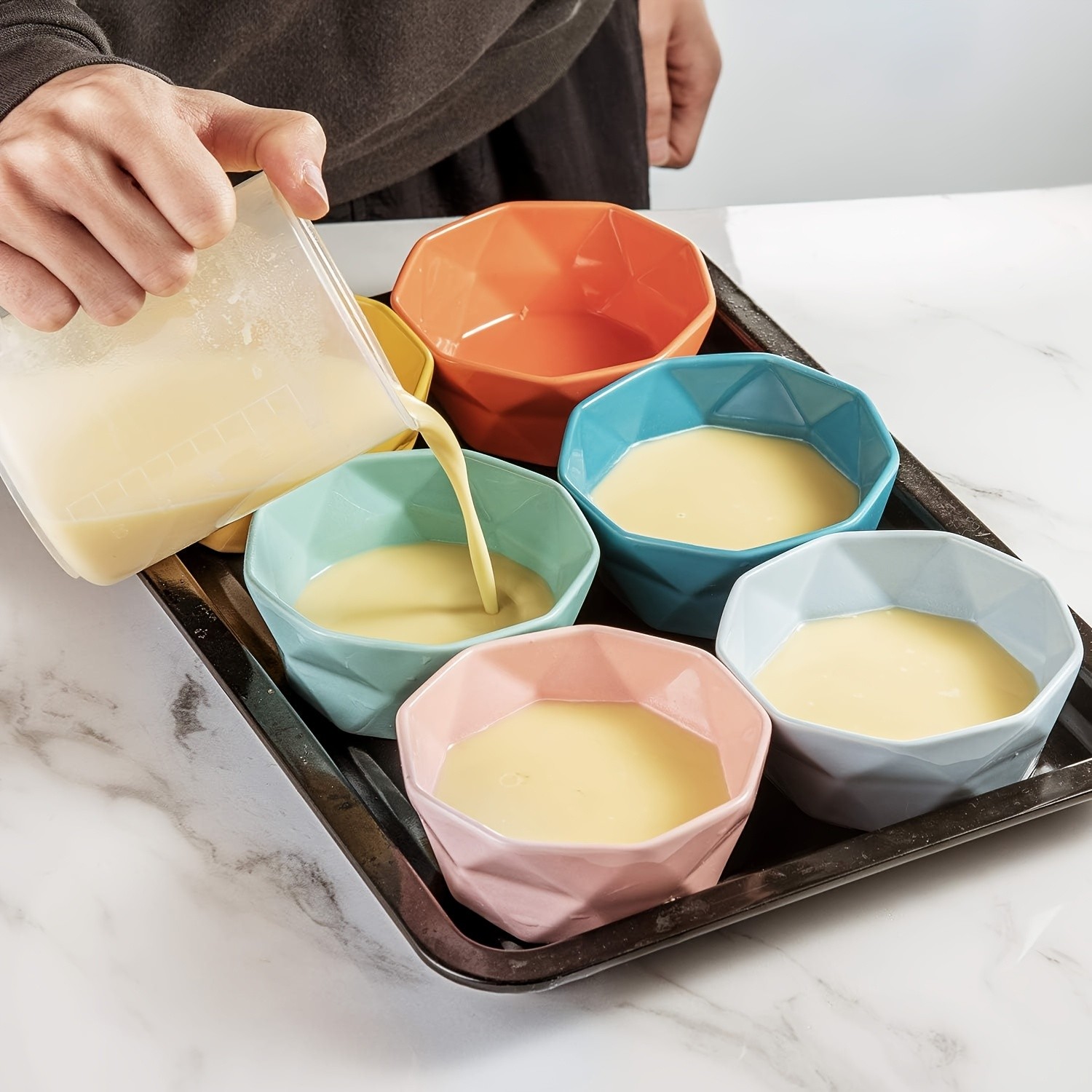 CEEFU 6pcs Colorful Geometric Ceramic Ramekins – 8oz Oven-Safe Dessert Bowls for Creme Brulee, Soufflé & Party Treats