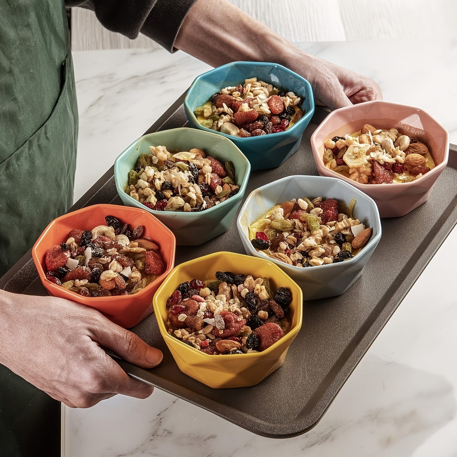 CEEFU 6pcs Colorful Geometric Ceramic Ramekins – 8oz Oven-Safe Dessert Bowls for Creme Brulee, Soufflé & Party Treats