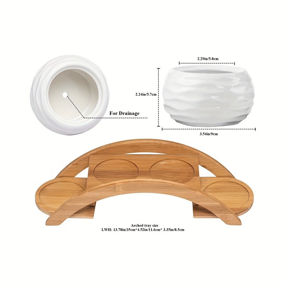 CEEFU 4-Pot Ceramic Succulent Planter Set with Stand – Modern White Ripple-Texture Pots with Drainage for Indoor & Outdoor Plants