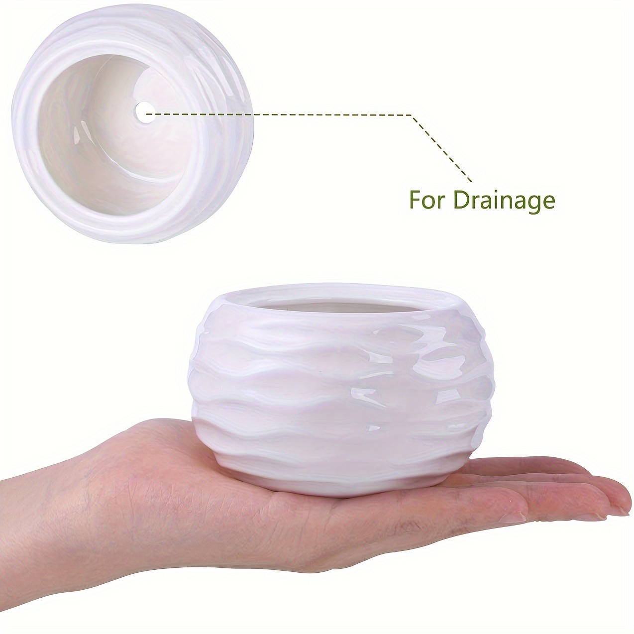 CEEFU 4-Pot Ceramic Succulent Planter Set with Stand – Modern White Ripple-Texture Pots with Drainage for Indoor & Outdoor Plants