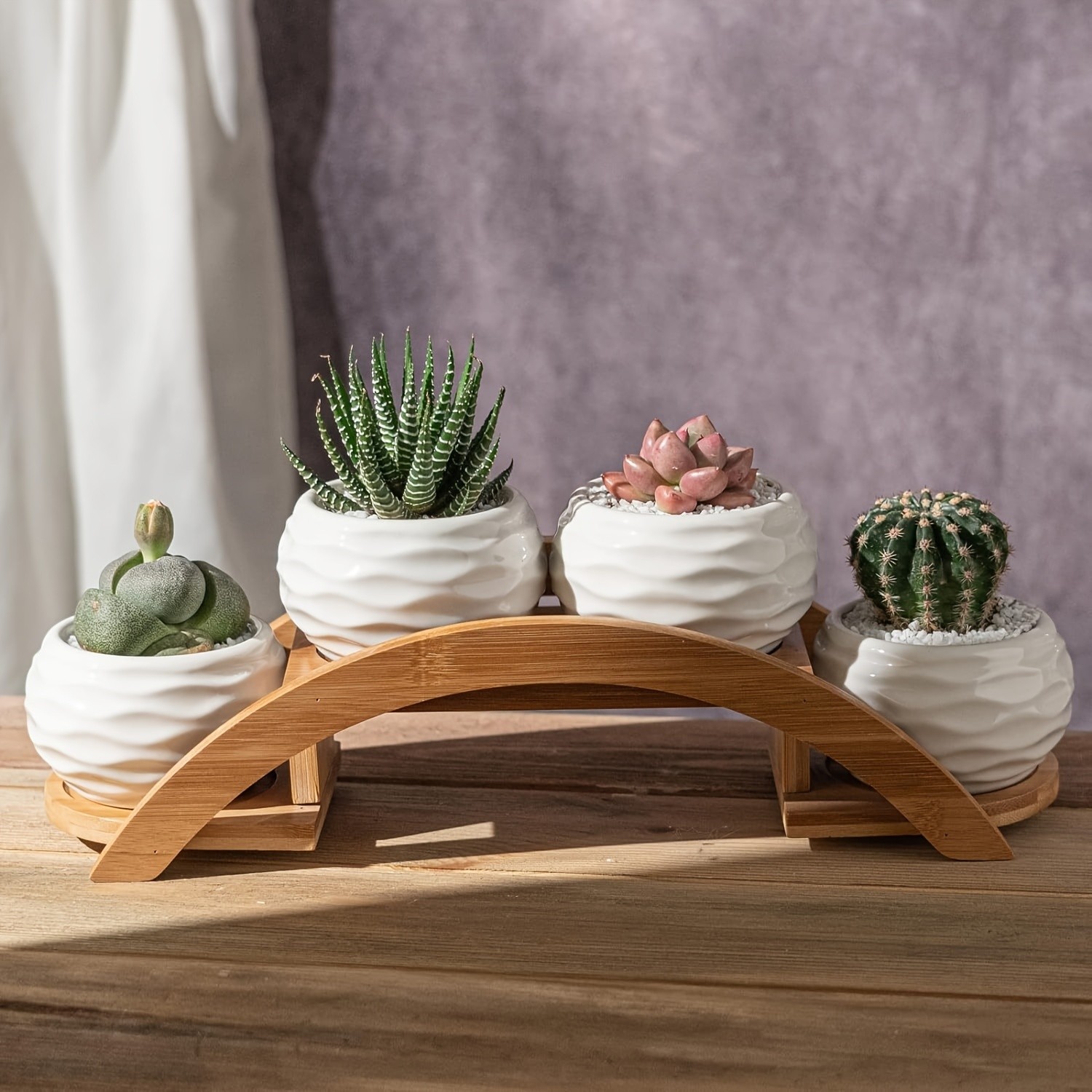 CEEFU 4-Pot Ceramic Succulent Planter Set with Stand – Modern White Ripple-Texture Pots with Drainage for Indoor & Outdoor Plants