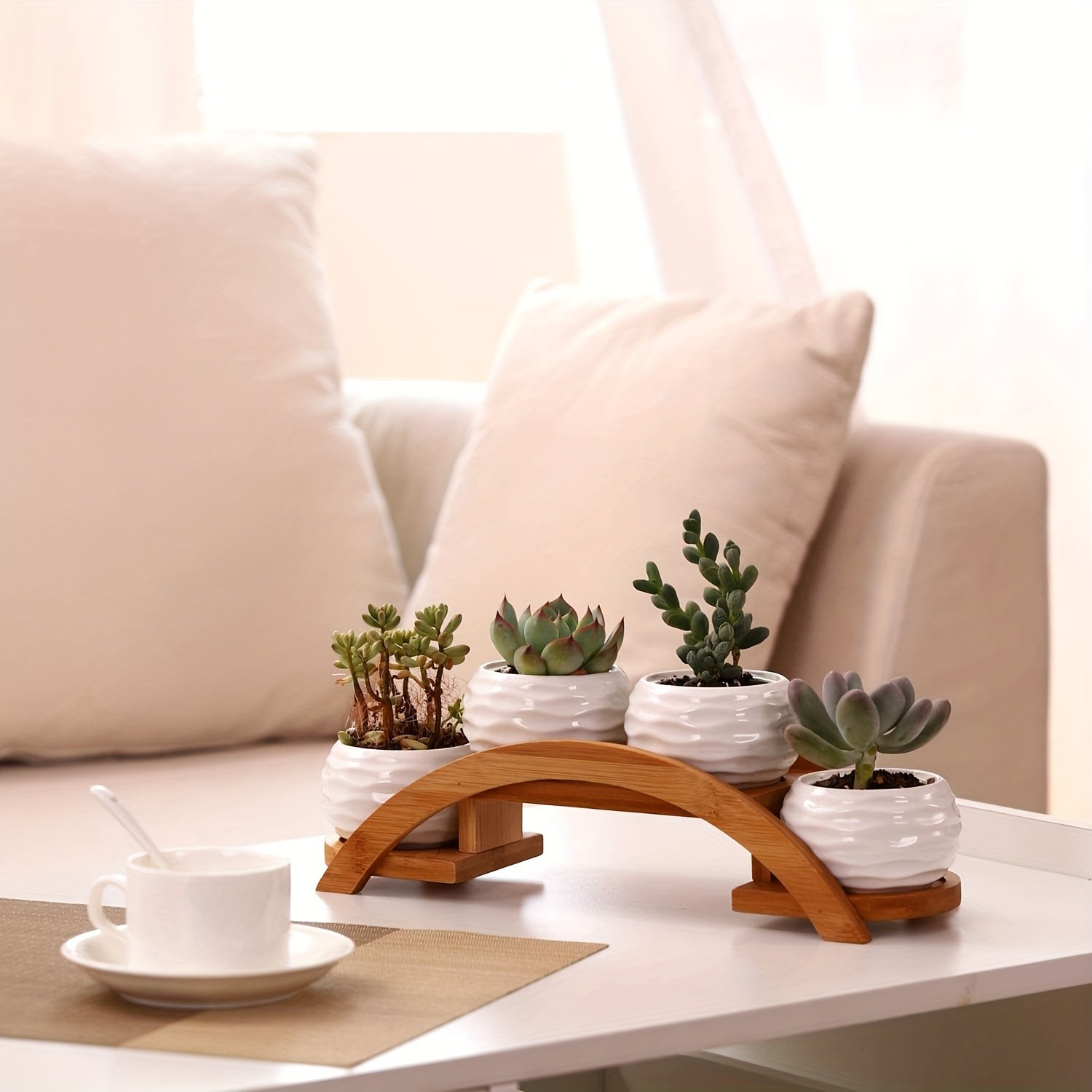 CEEFU 4-Pot Ceramic Succulent Planter Set with Stand – Modern White Ripple-Texture Pots with Drainage for Indoor & Outdoor Plants