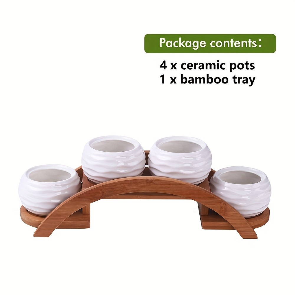 CEEFU 4-Pot Ceramic Succulent Planter Set with Stand – Modern White Ripple-Texture Pots with Drainage for Indoor & Outdoor Plants