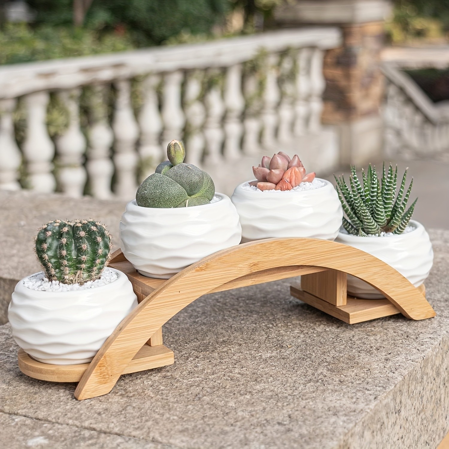 CEEFU 4-Pot Ceramic Succulent Planter Set with Stand – Modern White Ripple-Texture Pots with Drainage for Indoor & Outdoor Plants