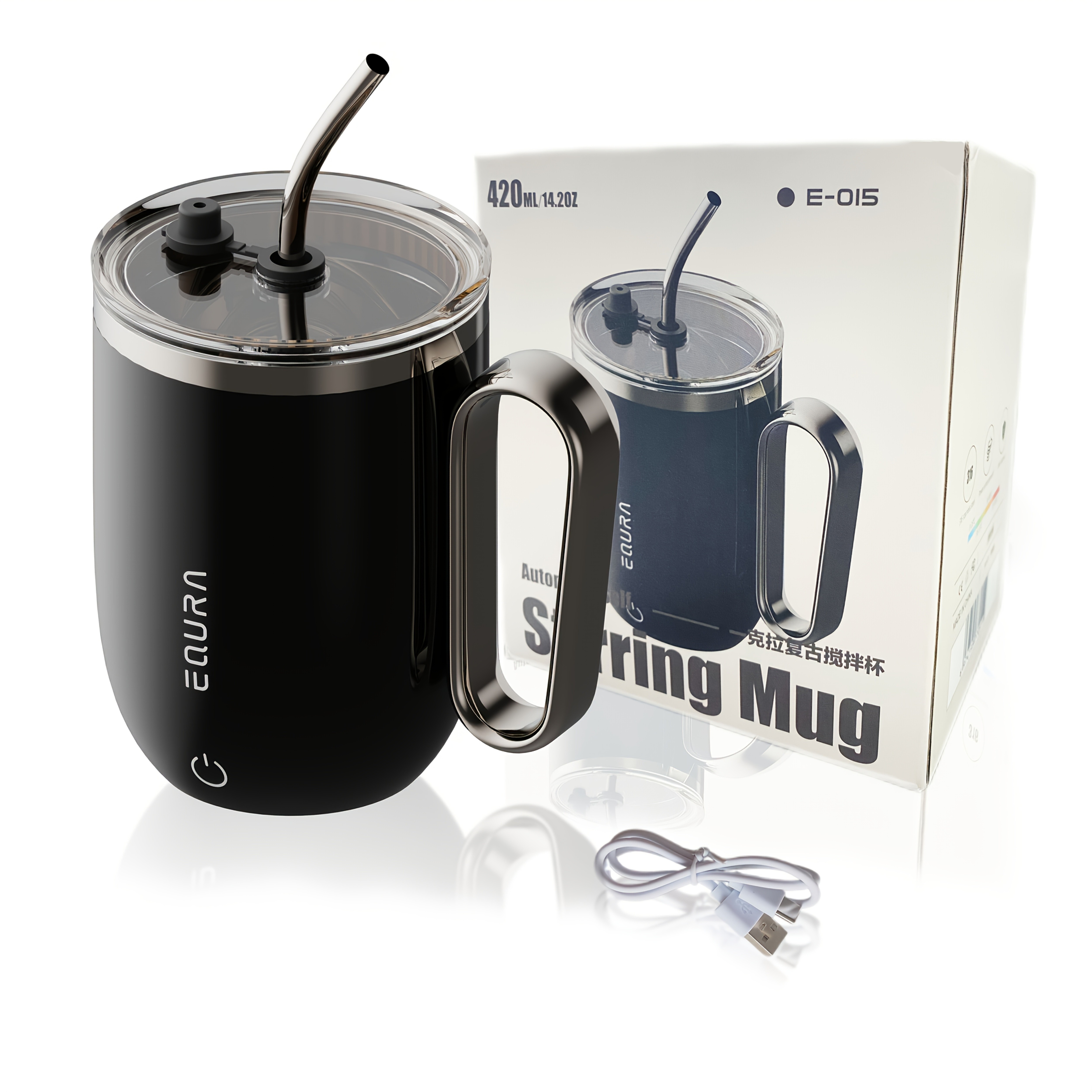 eQUra 420ml Rechargeable Magnetic Self-Stirring Travel Mug – Automatic Mixing Cup for Coffee, Milk, Chocolate & On-The-Go Drinks