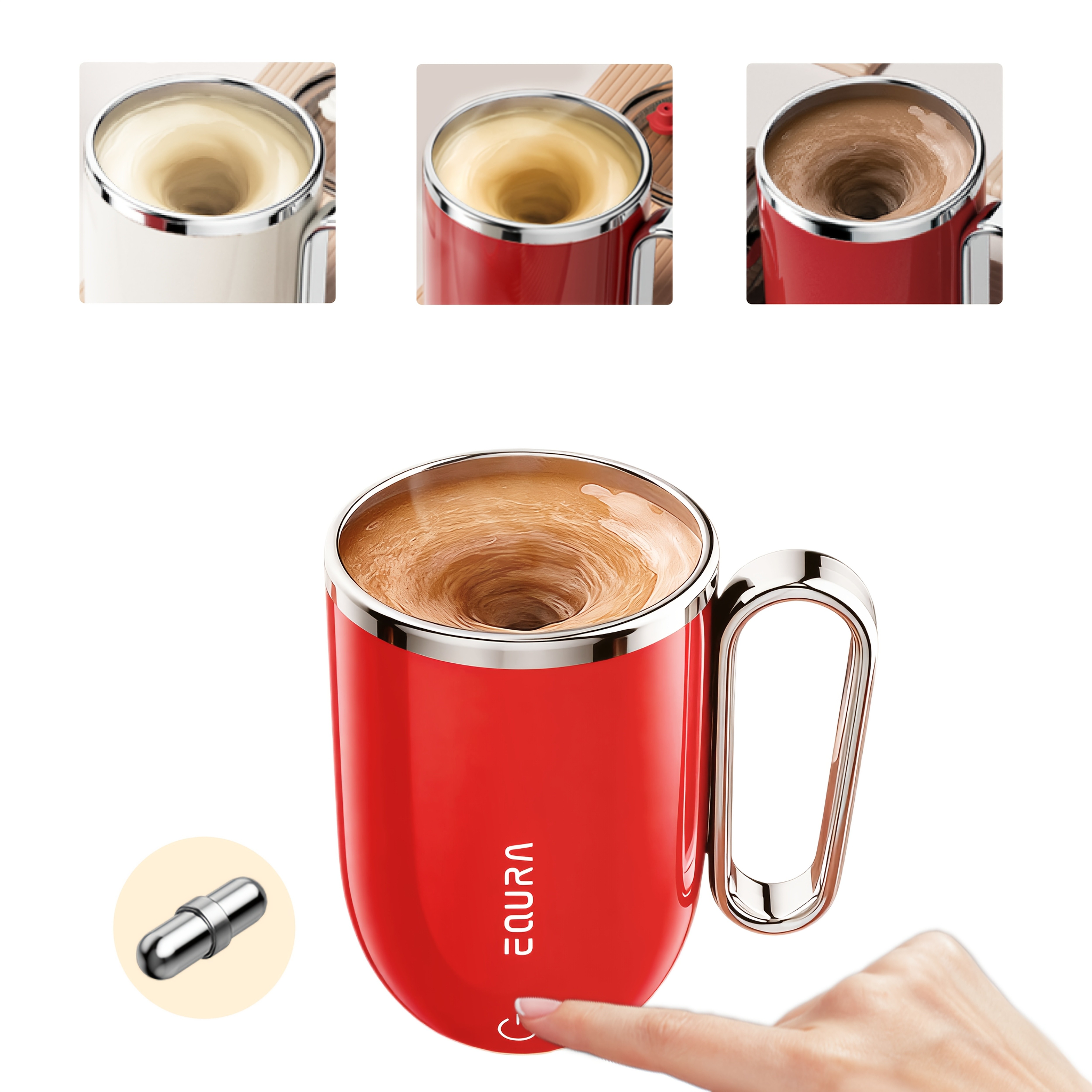 eQUra 420ml Rechargeable Magnetic Self-Stirring Travel Mug – Automatic Mixing Cup for Coffee, Milk, Chocolate & On-The-Go Drinks