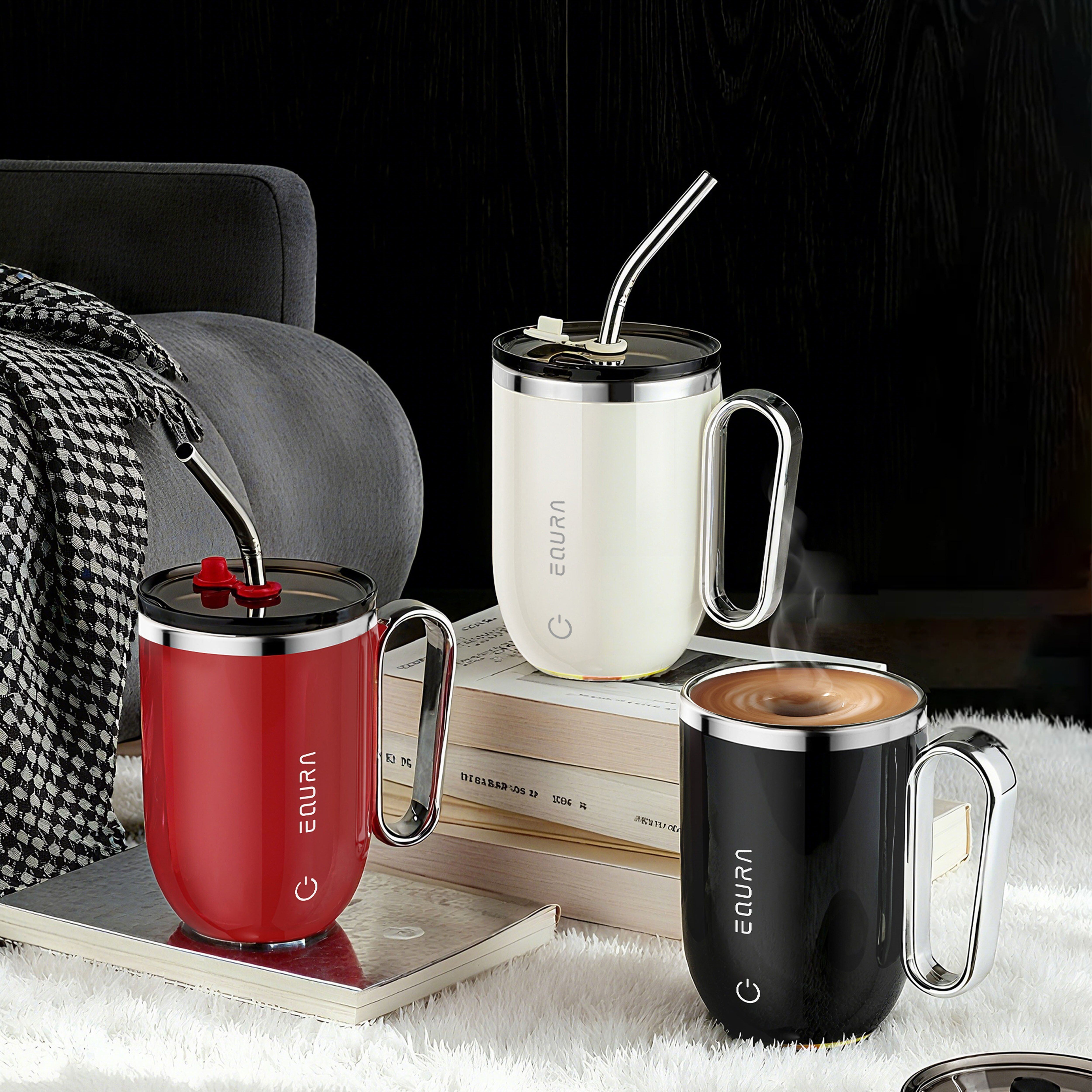 eQUra 420ml Rechargeable Magnetic Self-Stirring Travel Mug – Automatic Mixing Cup for Coffee, Milk, Chocolate & On-The-Go Drinks