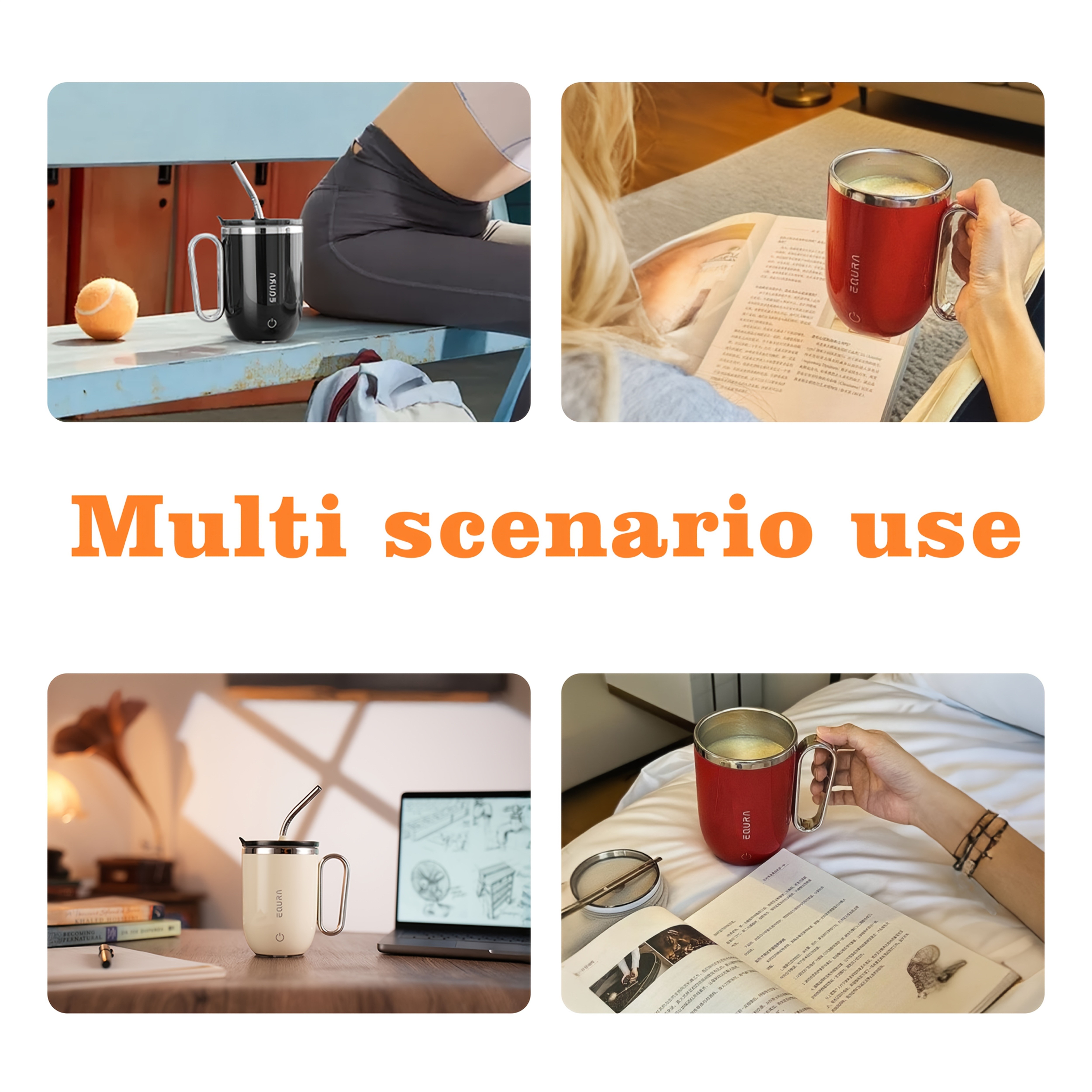 eQUra 420ml Rechargeable Magnetic Self-Stirring Travel Mug – Automatic Mixing Cup for Coffee, Milk, Chocolate & On-The-Go Drinks