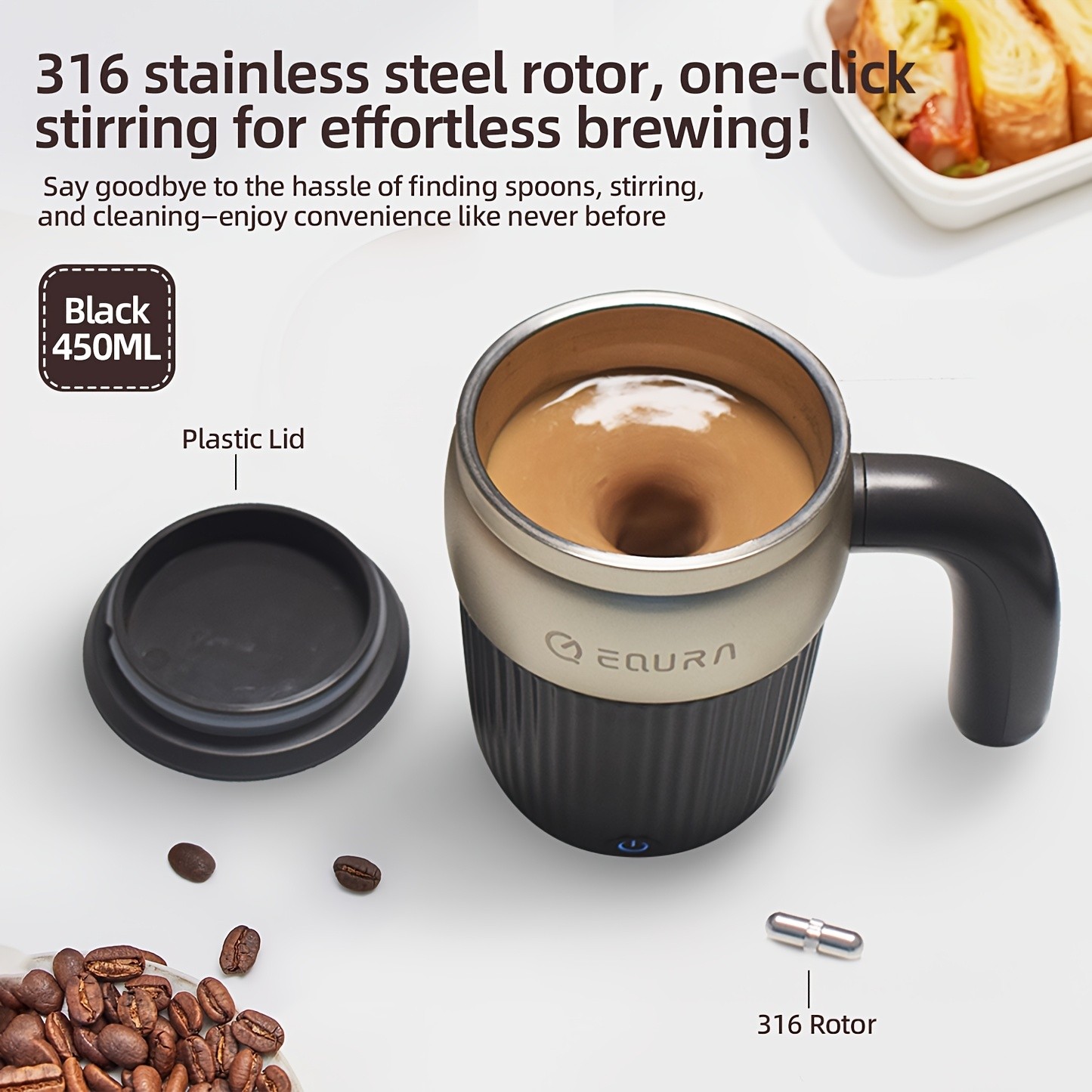 eQUra 450ml Automatic Magnetic Stirring Cup – 316 Stainless Steel Self-Mixing Coffee & Milkshake Mug (2025 Gift Edition)