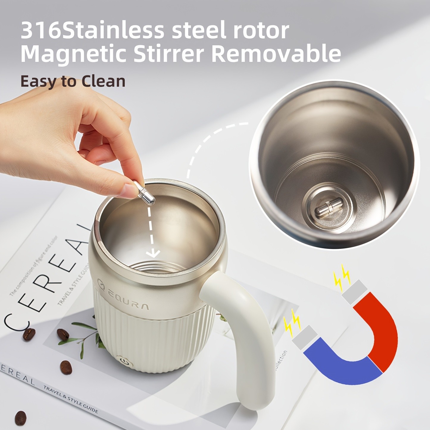 eQUra 450ml Automatic Magnetic Stirring Cup – 316 Stainless Steel Self-Mixing Coffee & Milkshake Mug (2025 Gift Edition)