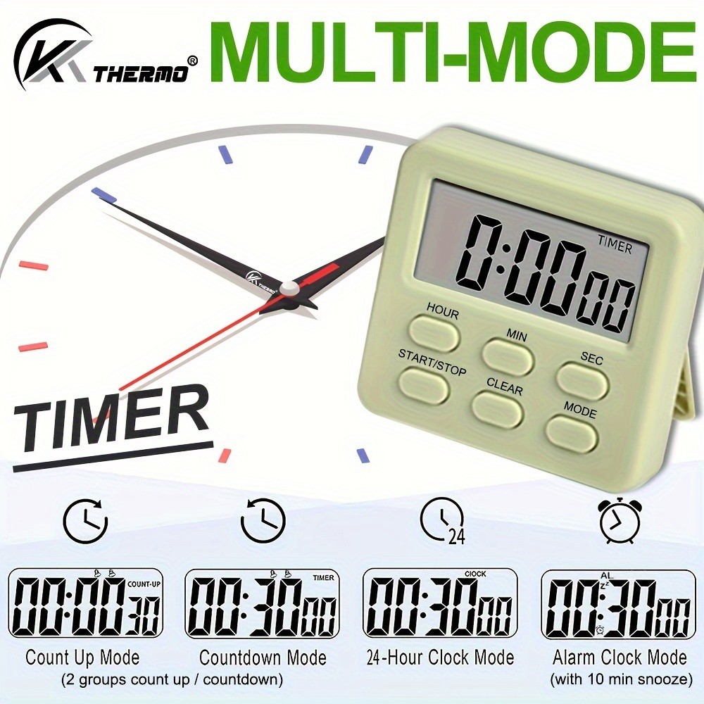 KT THERMO Digital LCD Alarm Clock & Multi-Mode Timer – 24-Hour Display with Memory, Count-Up/Down & Stand/Hanging Hook