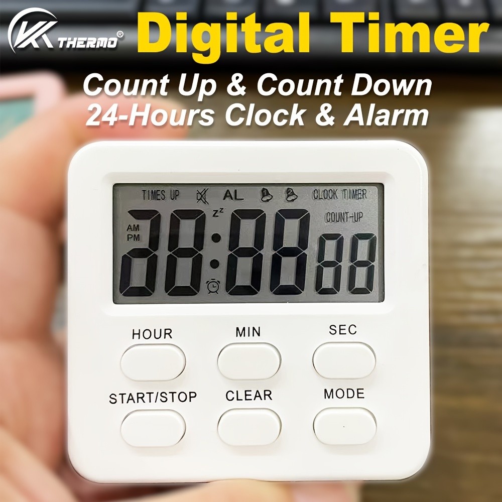 KT THERMO Digital LCD Alarm Clock & Multi-Mode Timer – 24-Hour Display with Memory, Count-Up/Down & Stand/Hanging Hook