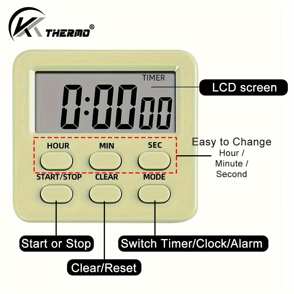 KT THERMO Digital LCD Alarm Clock & Multi-Mode Timer – 24-Hour Display with Memory, Count-Up/Down & Stand/Hanging Hook