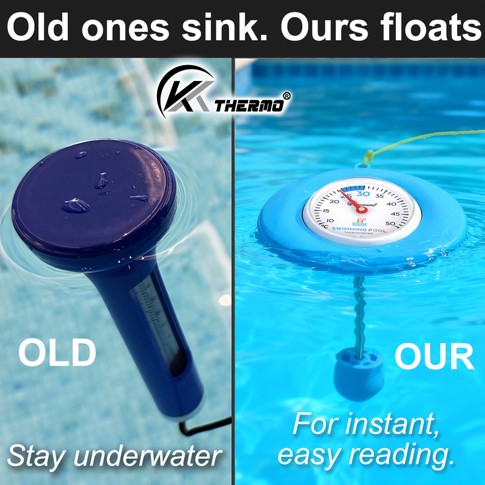 KT THERMO Floating Pool Thermometer – Easy-Read Celsius Dial with Rope & Suction Cup for Pools, Spas & Hot Tubs