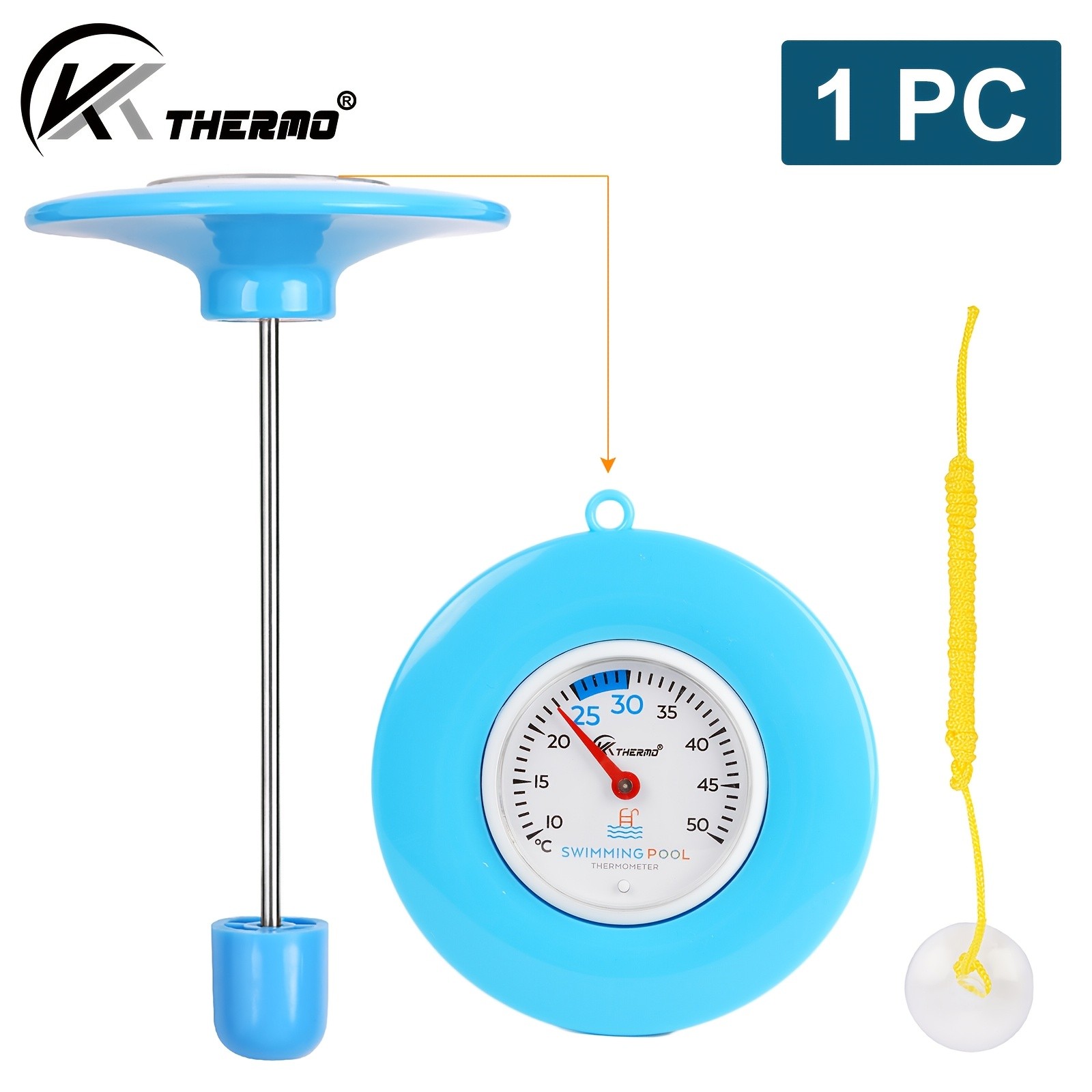 KT THERMO Floating Pool Thermometer – Easy-Read Celsius Dial with Rope & Suction Cup for Pools, Spas & Hot Tubs