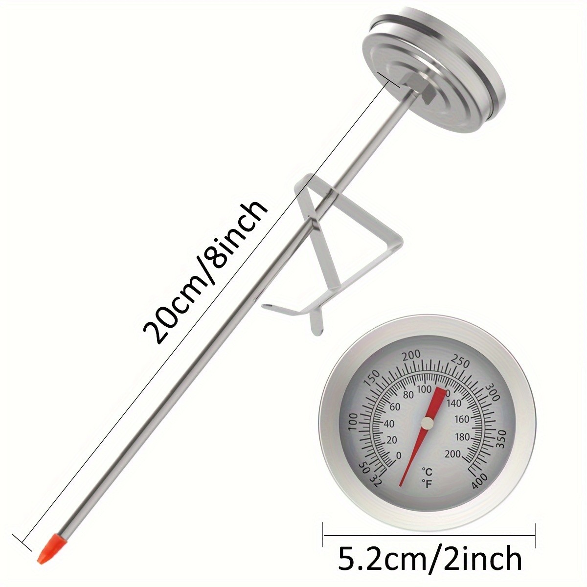 KT THERMO Stainless Steel Deep Fry Thermometer with Pot Clip – Long-Probe Food-Safe Gauge for Frying, BBQ & Baking