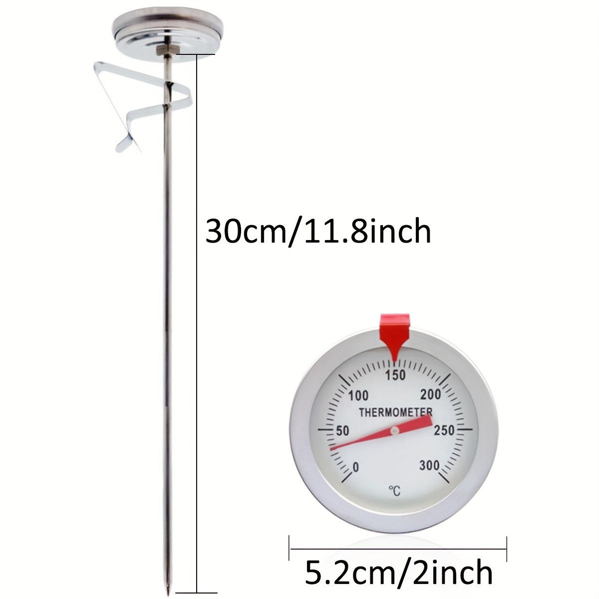 KT THERMO Stainless Steel Deep Fry Thermometer with Pot Clip – Long-Probe Food-Safe Gauge for Frying, BBQ & Baking