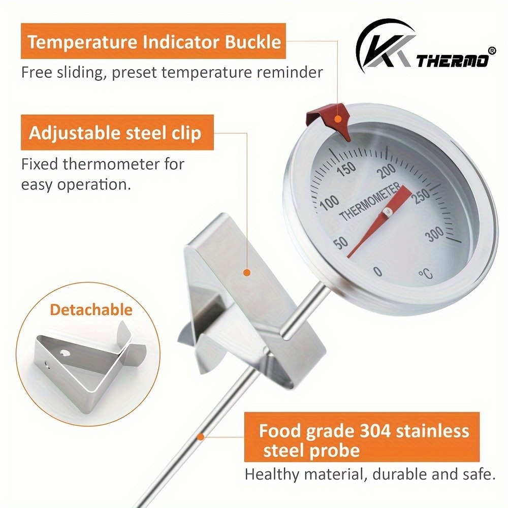 KT THERMO Stainless Steel Deep Fry Thermometer with Pot Clip – Long-Probe Food-Safe Gauge for Frying, BBQ & Baking