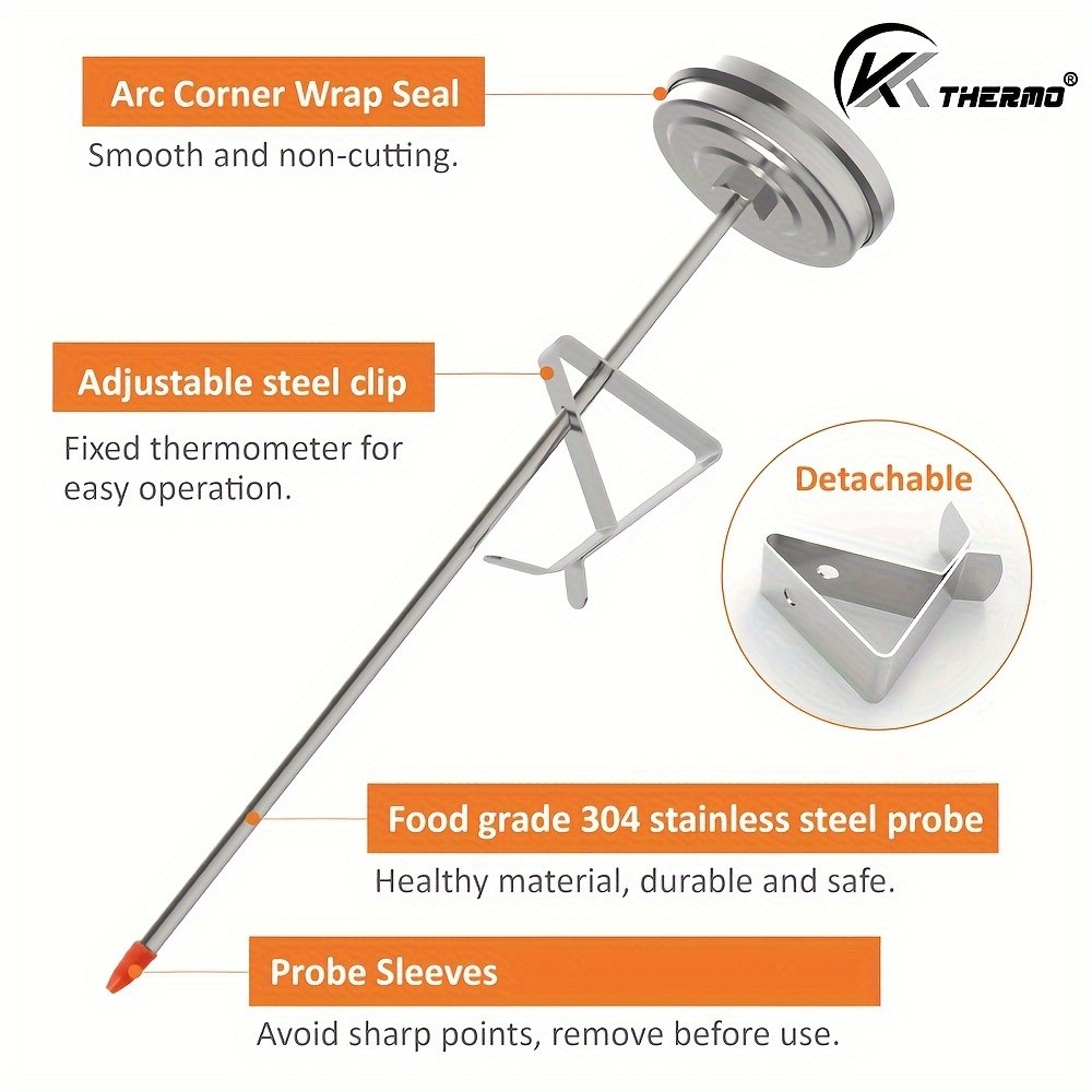 KT THERMO Stainless Steel Deep Fry Thermometer with Pot Clip – Long-Probe Food-Safe Gauge for Frying, BBQ & Baking
