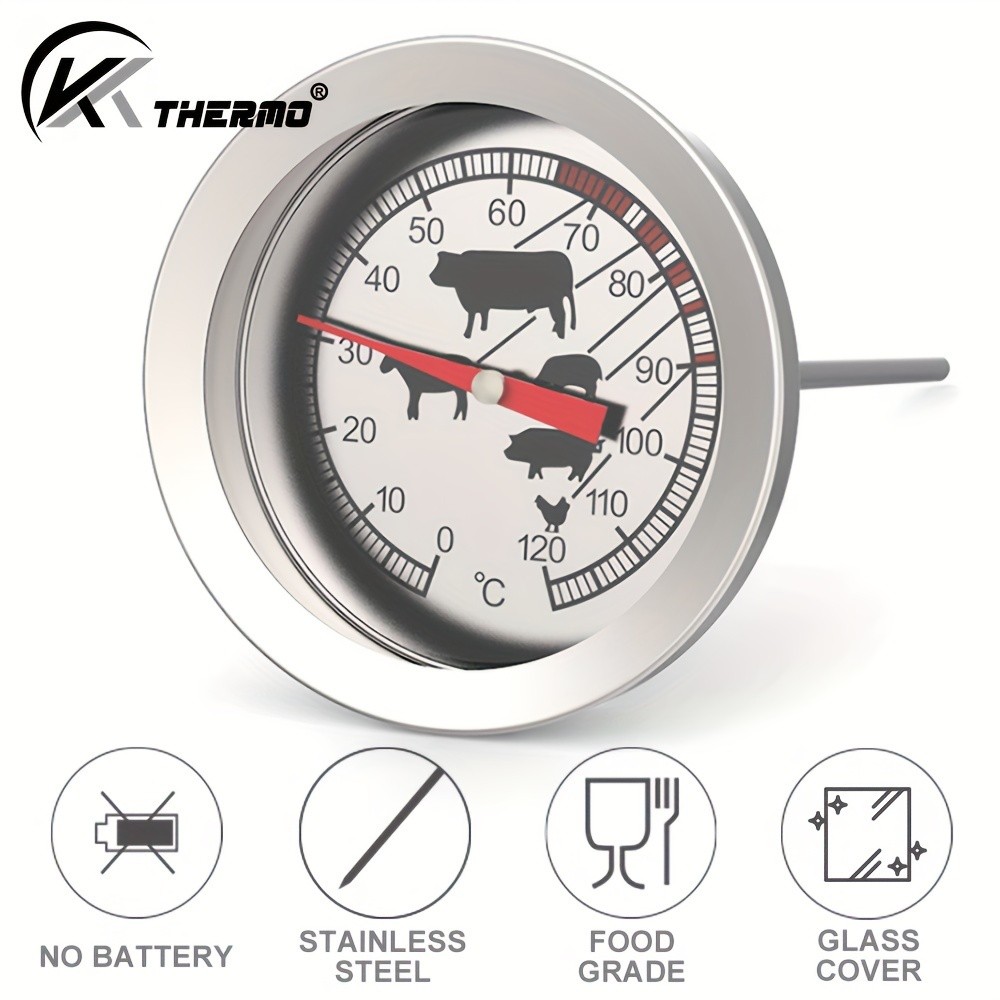 KT THERMO Stainless Steel Meat Thermometer – Glass-Dial Probe Gauge for BBQ, Roasting & All Meat Cooking