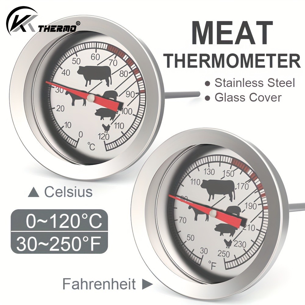 KT THERMO Stainless Steel Meat Thermometer – Glass-Dial Probe Gauge for BBQ, Roasting & All Meat Cooking