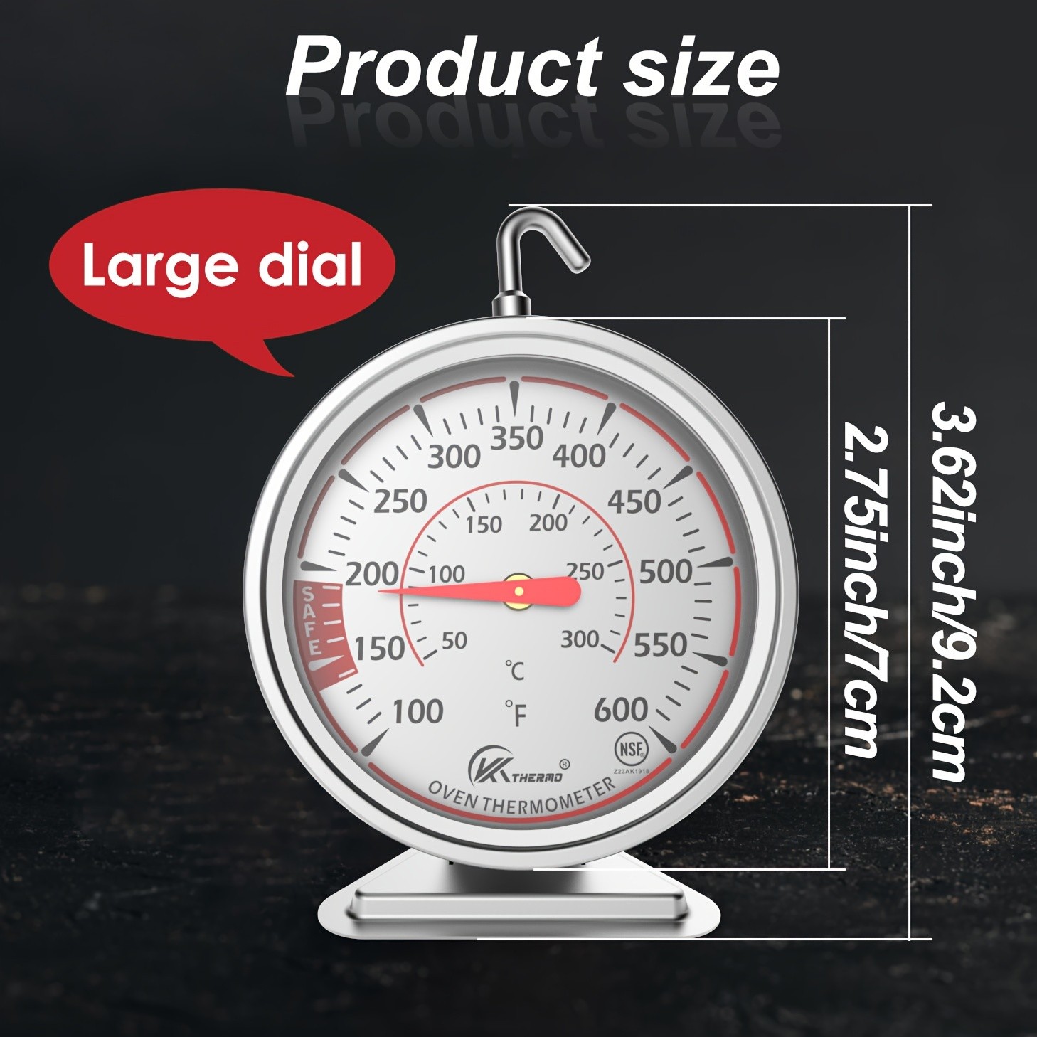 KT THERMO Precision Oven Thermometer with 6.99cm Dial – Stainless Steel 100–600°F / 50–300°C Gauge with 360° Rotating Hook