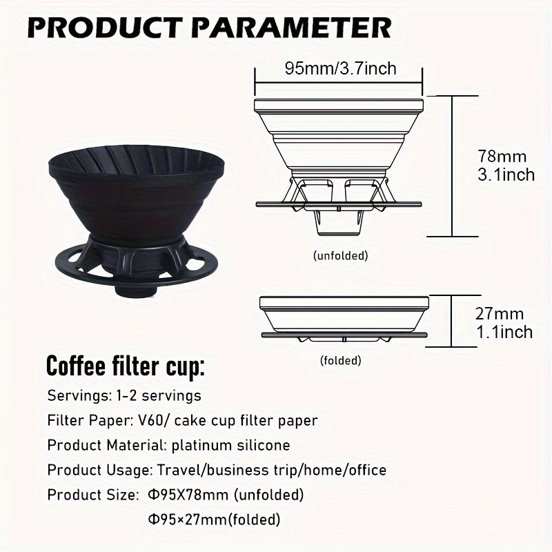 KT THERMO Collapsible Silicone Pour-Over Coffee Dripper – Foldable V60 Filter Cup for Camping, Hiking & Outdoor Brewing