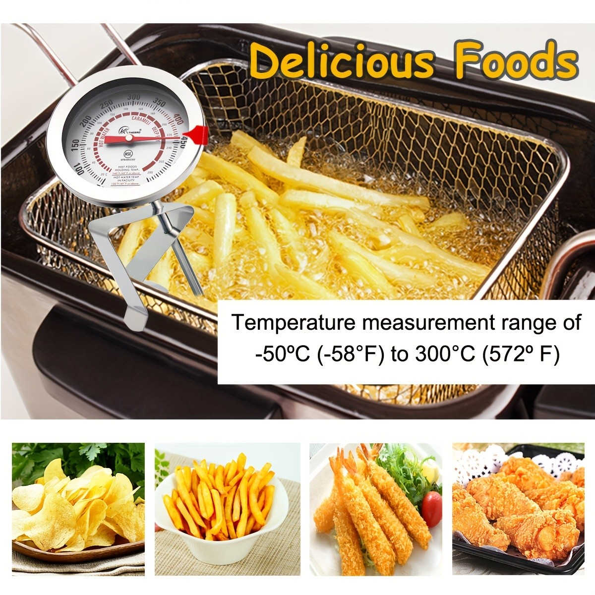 KT THERMO Long-Probe Deep Fry Thermometer with Adjustable Needle – Stainless Steel 30.48cm Clip-On Gauge for BBQ, Frying & Cooking