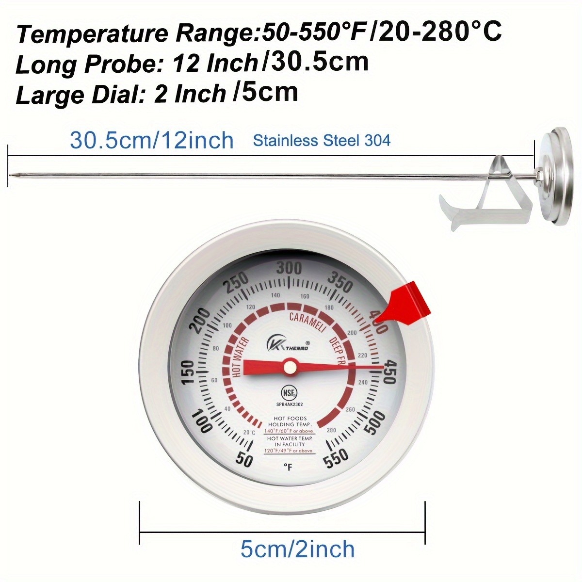 KT THERMO Long-Probe Deep Fry Thermometer with Adjustable Needle – Stainless Steel 30.48cm Clip-On Gauge for BBQ, Frying & Cooking