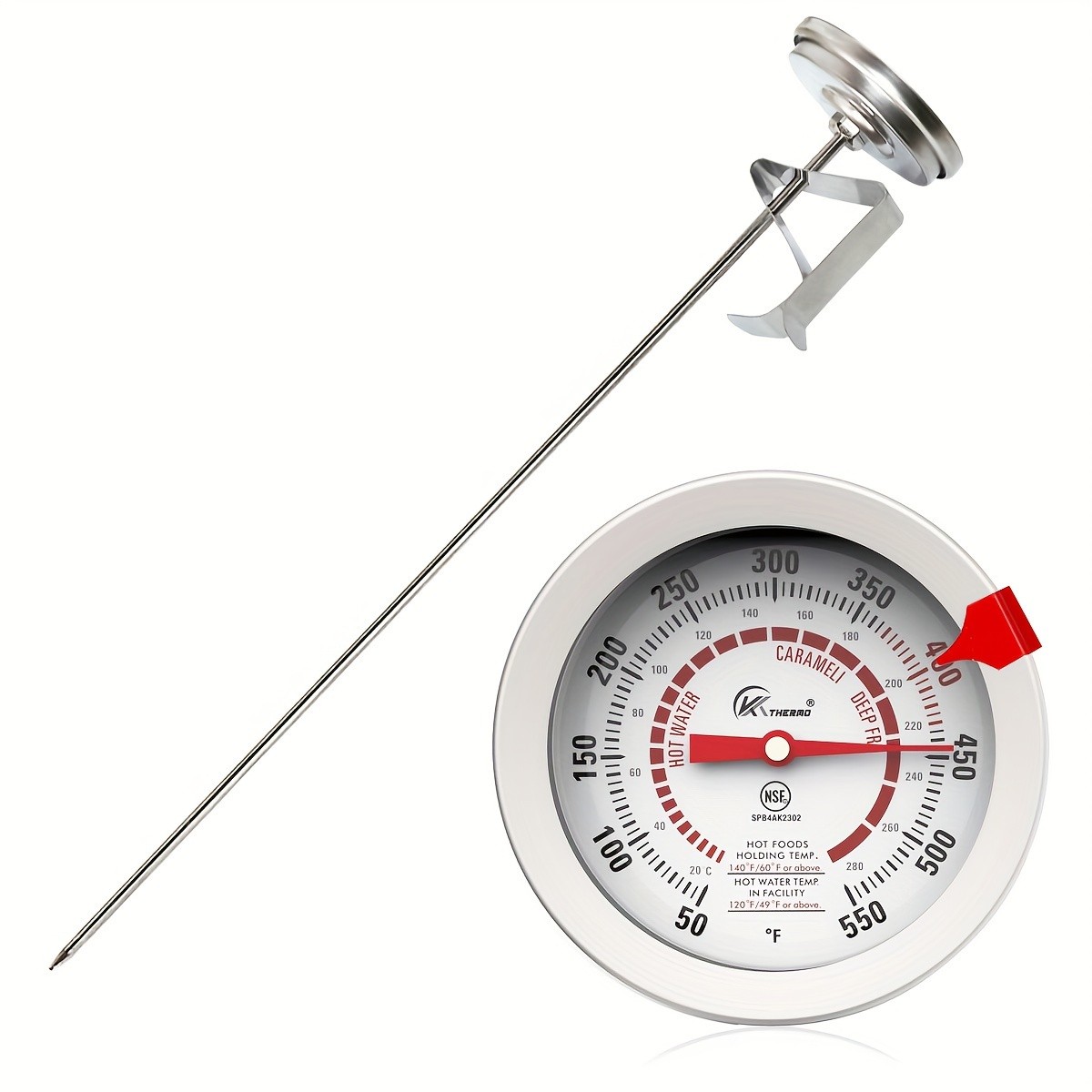 KT THERMO Long-Probe Deep Fry Thermometer with Adjustable Needle – Stainless Steel 30.48cm Clip-On Gauge for BBQ, Frying & Cooking