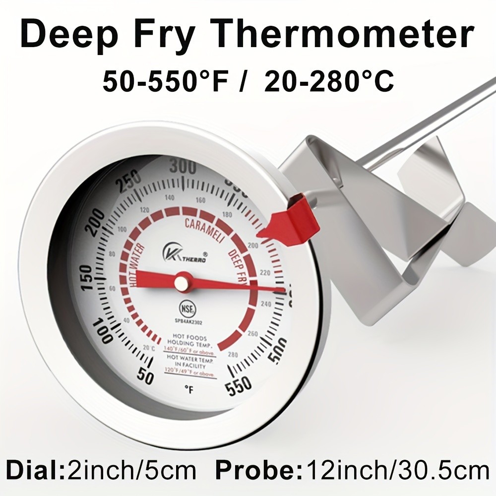 KT THERMO Long-Probe Deep Fry Thermometer with Adjustable Needle – Stainless Steel 30.48cm Clip-On Gauge for BBQ, Frying & Cooking