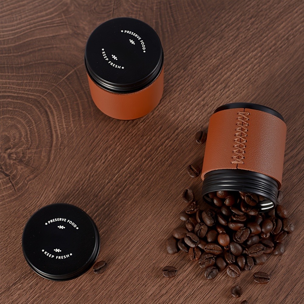 KT THERMO Portable Coffee Bean Storage Jar – Aluminium Alloy & PU Leather Mini Canister for Coffee, Tea & Flower Tea