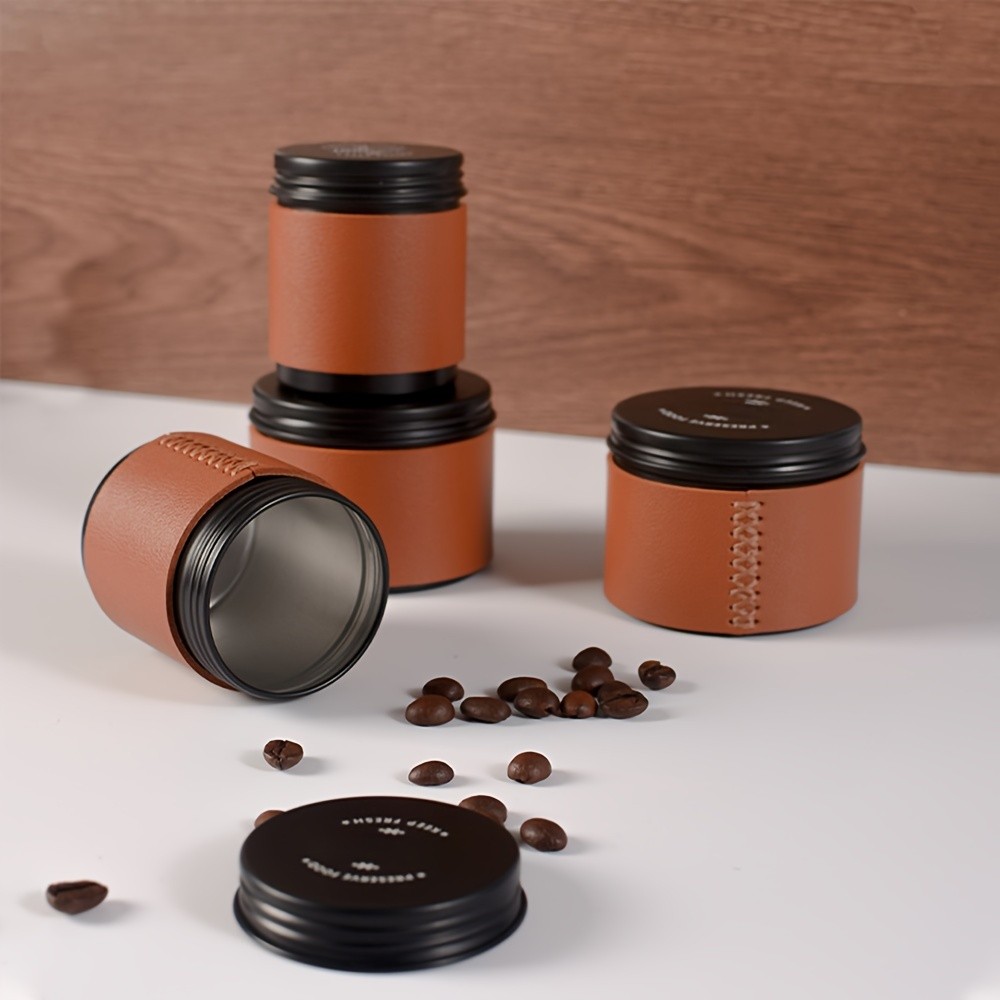 KT THERMO Portable Coffee Bean Storage Jar – Aluminium Alloy & PU Leather Mini Canister for Coffee, Tea & Flower Tea