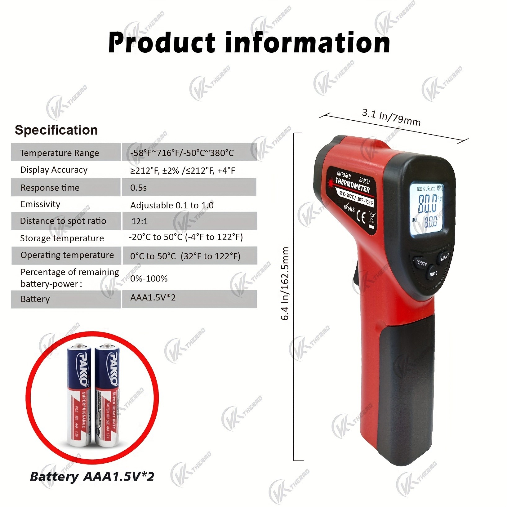 KT THERMO Non-Contact Infrared Temperature Gun – Laser Thermometer -50°C to 380°C for Cooking, Baking & BBQ