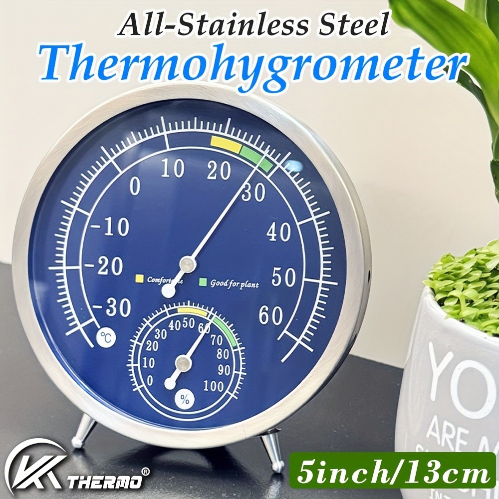 KT THERMO Premium Stainless Steel Indoor Thermo-Hygrometer – Analog Temperature & Humidity Monitor with Non-Skid Base (No Battery Needed)
